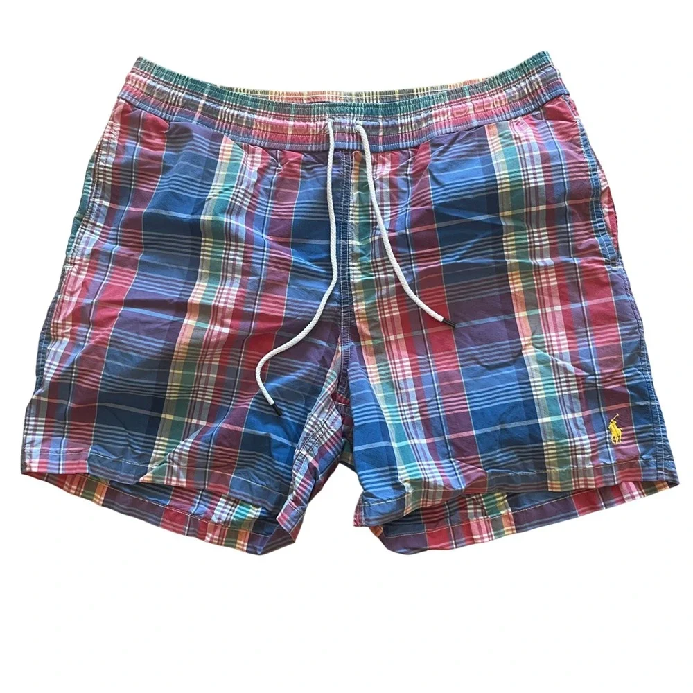 Polo Ralph Lauren Men Plaid Swim Trunks Multicolor Large Cotton Blend 6in Inseam